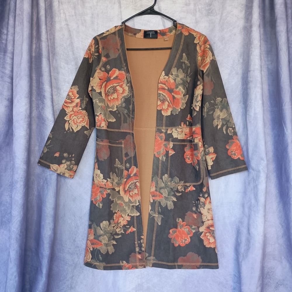 Tahari Floral Faux Leather Open Front Long Jacket Boho Y2K
